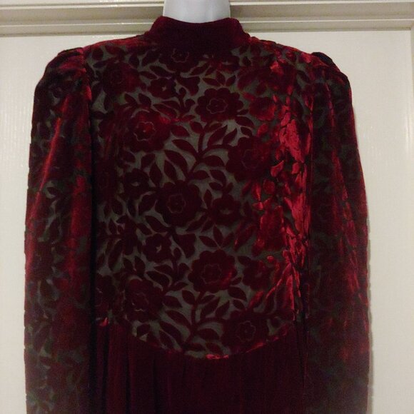 Cachet by Bari Protas Deep Burgundy Burnout Velvet Vintage Maxi Dress  13/14 - Picture 2 of 15